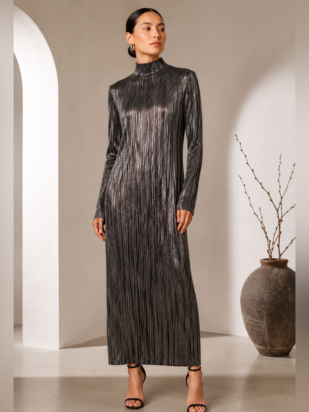 NWT Malìparmi Pleated Lamé Metallic Funnel Neck Maxi Dress IT 46 | US Large